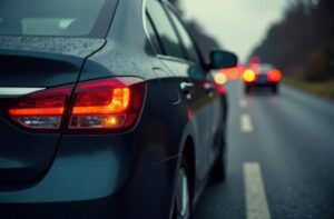 Several cars are involved in a traffic accident on a rainy road during dusk. Emergency responders are present, assisting with the situation and managing traffic.