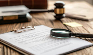 Detailed preparation for personal injury claims with notepad, pen, magnifying glass, and sticky note on a wooden desk highlighting legal documentation, Generative AI