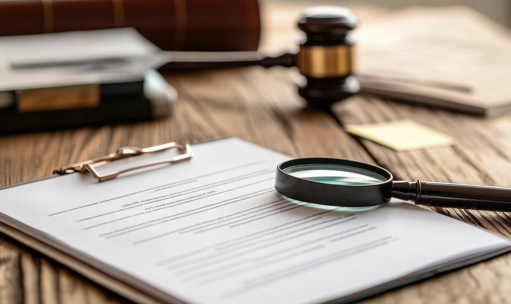 Detailed preparation for personal injury claims with notepad, pen, magnifying glass, and sticky note on a wooden desk highlighting legal documentation, Generative AI