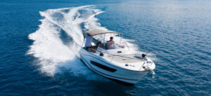 High speed motor boat on open sea. Travel, transportation and leasure activities
