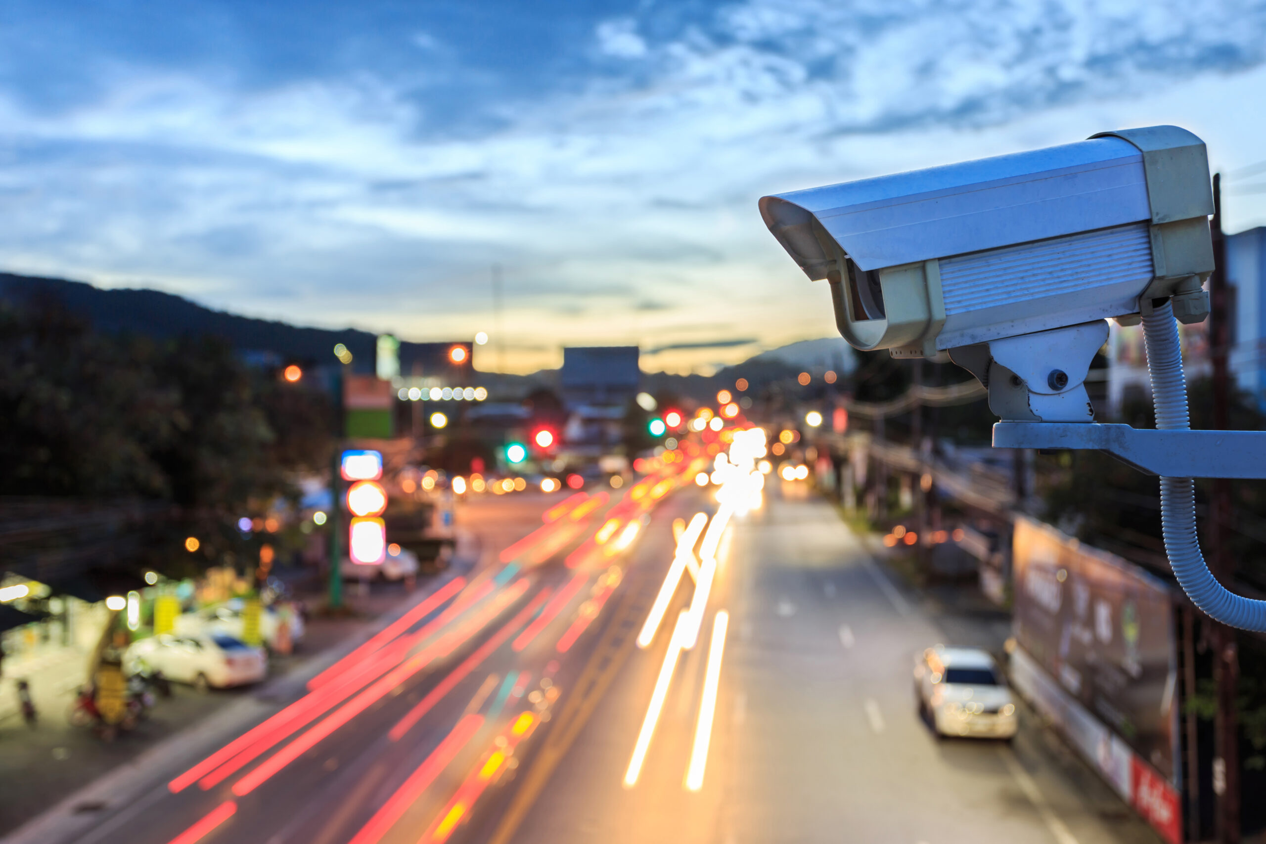 Close up Security CCTV camera operating over the road