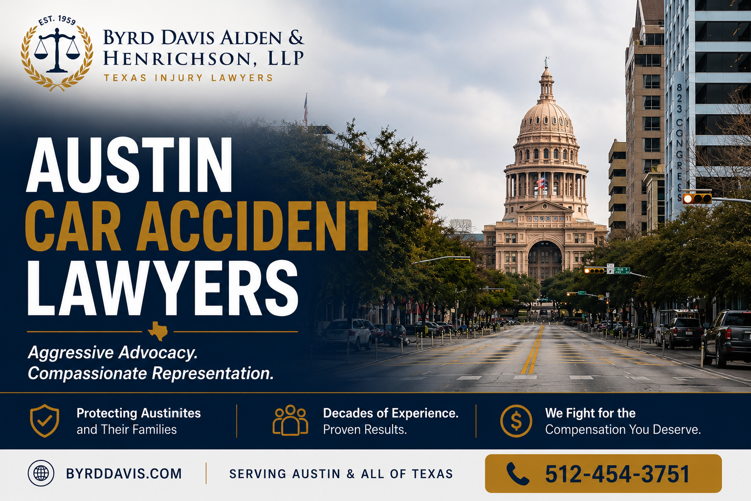 Austin car accident lawyers at Byrd Davis Alden & Henrichson, LLP with the Texas State Capitol in the background