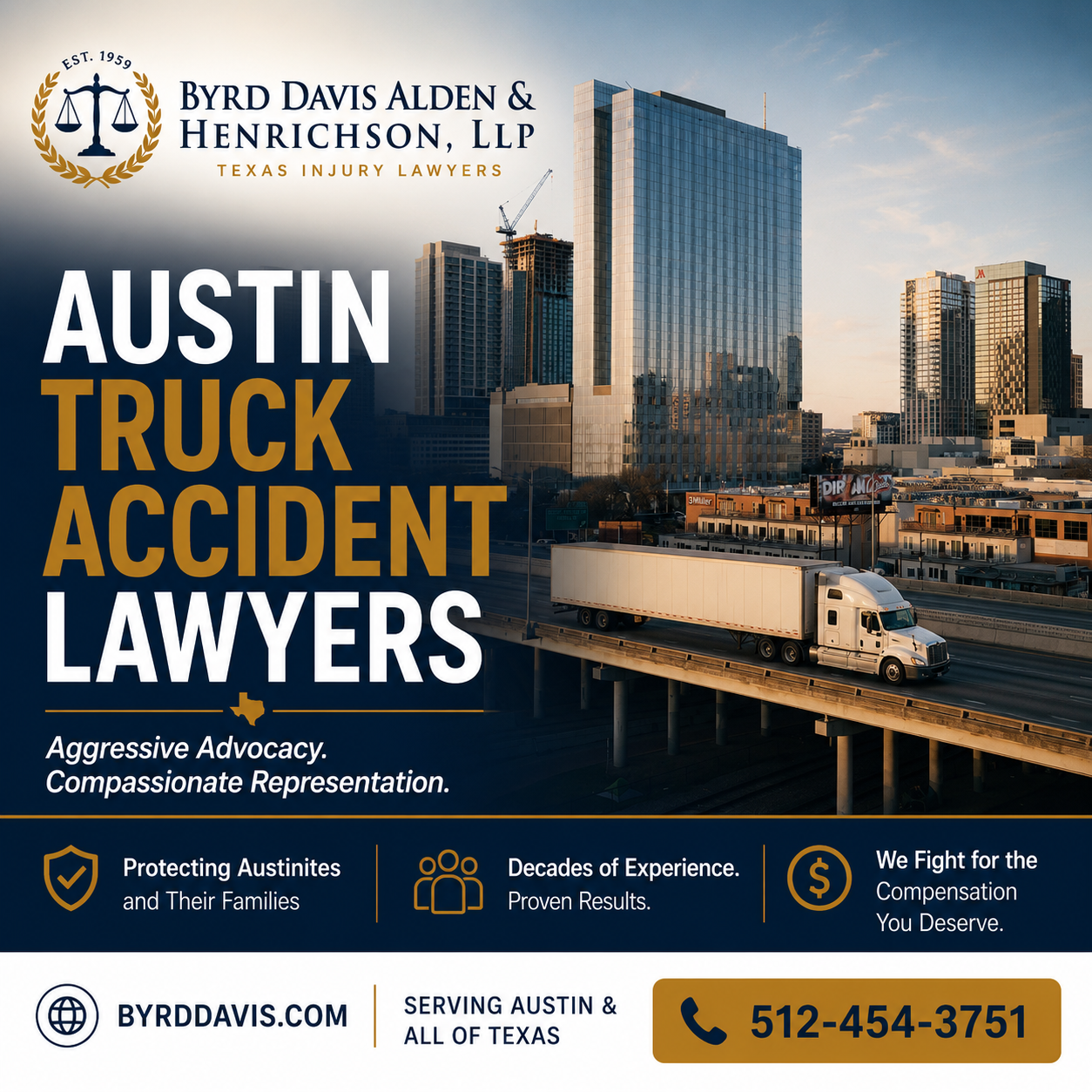 Byrd Davis Alden & Henrichson, LLP Austin Truck Accident Lawyers, marketing image with the Austin skyline