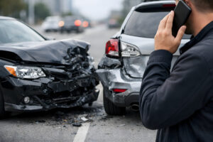Person calling for help after a two-car accident in a parking lot