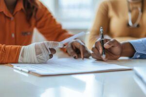An individual with an injured, bandaged hand fills out a form or contract