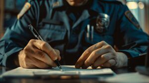 Police officer writing report with pen and notebook